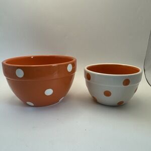 Set Of 2 ‎ Terramoto Ceramic Orange & White Polka Dot nesting Bowls